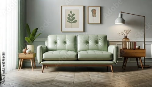 Photo of a light green leather sofa placed against a wall with ample copy space above