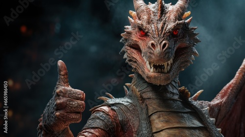 Portrait of friendly dragon making thumbs up.