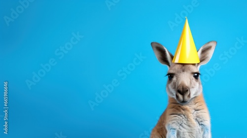 Funny kangaroo with birthday party hat on blue background.