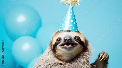 Funny sloth with birthday party hat on blue background. © vlntn