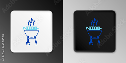 Line Barbecue grilled shish kebab on skewer stick icon isolated on grey background. BBQ meat kebab on skewer stick. Picnic with grill meat. Colorful outline concept. Vector