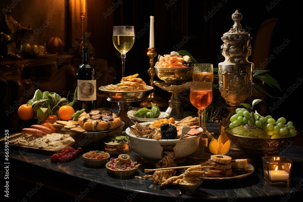 Elegantly adorned dining feast showcasing an assortment of delectable bites and starters. Generative AI