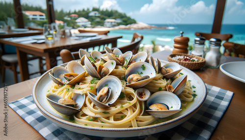 A delightful plate of linguine mixed with fresh clams, enhanced by garlic and white wine, set against the backdrop of a picturesque seaside Italian restaurant