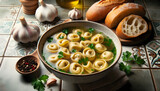 A comforting bowl of tortellini floating in a savory broth, paired with crusty Italian bread in a cozy home kitchen setting