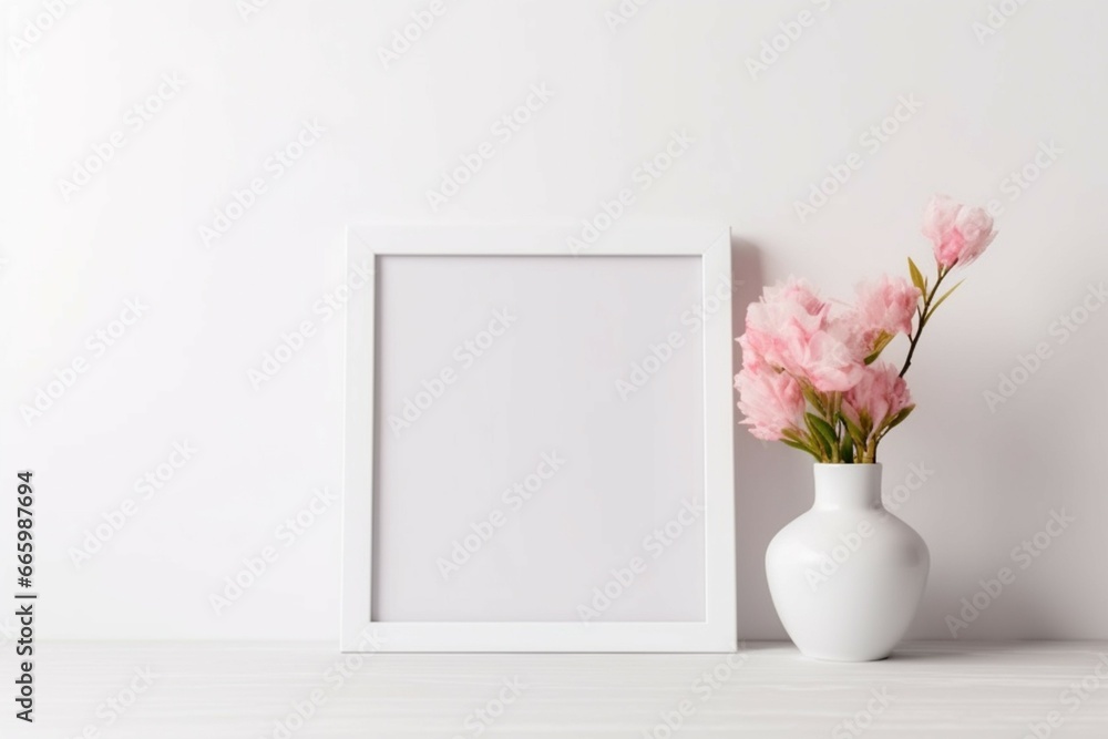White square frame mockup with pink oleander in a vase