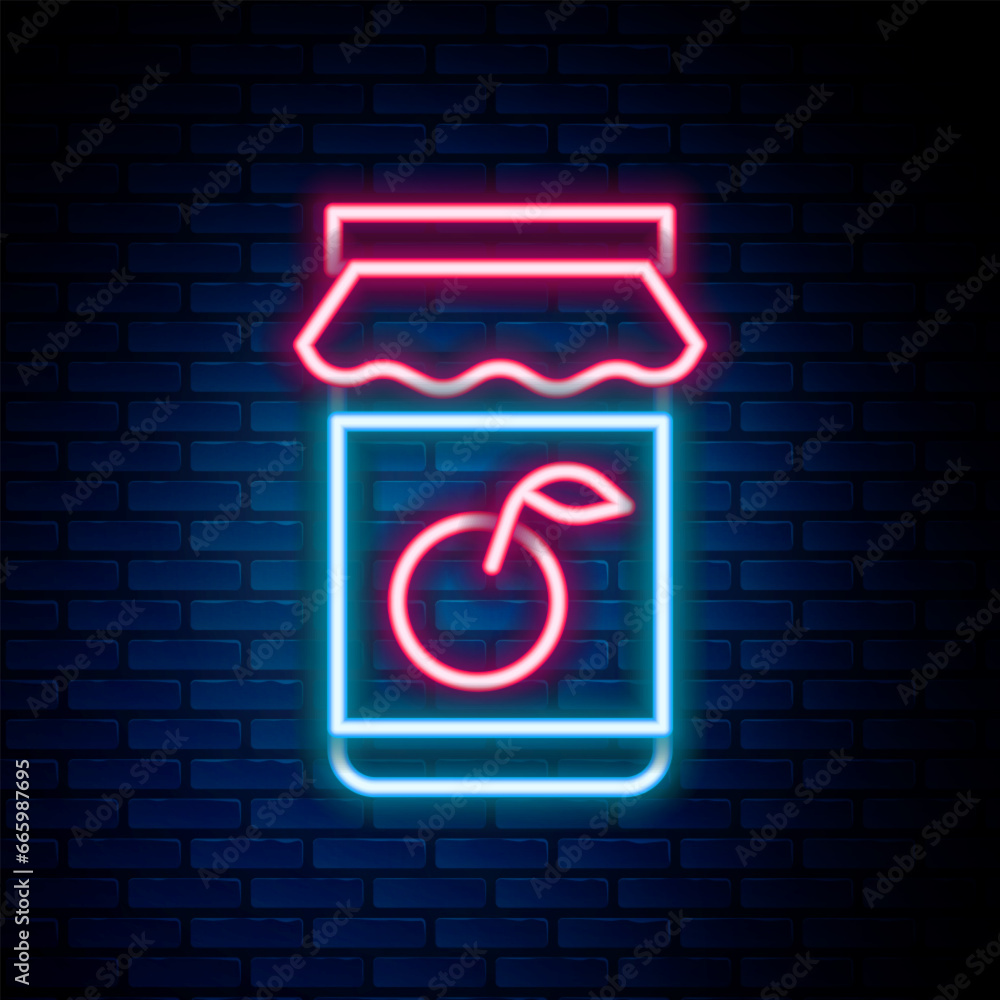 Glowing neon line Jam jar icon isolated on brick wall background. Colorful outline concept. Vector Glowing neon line Jam jar icon isolated on brick wall background. Colorful outline concept. Vector