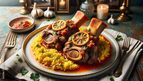 A plate showcasing osso buco, a Milanese specialty, with braised veal shanks in a white wine and tomato sauce, complemented by saffron risotto in a refined Italian dining ambiance