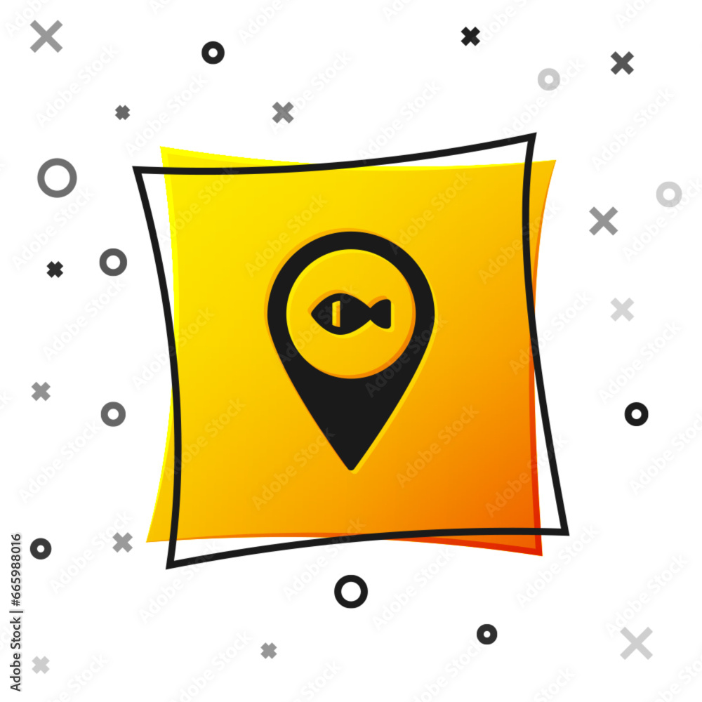 Fototapeta premium Black Location fishing icon isolated on white background. Fishing place. Yellow square button. Vector