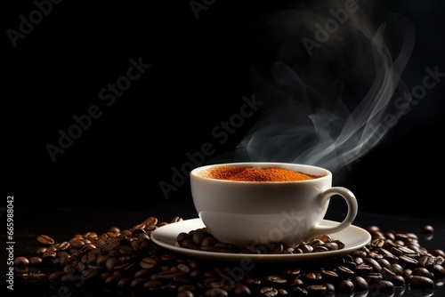 Coffee cup with steam and coffee beans on black background, image without steam is also available. Generative AI