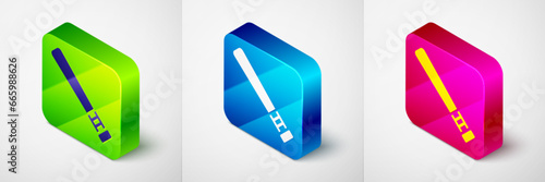 Isometric Baseball bat icon isolated on grey background. Square button. Vector
