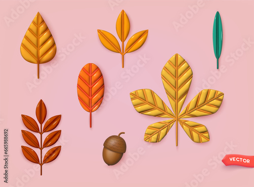 Collection of 3d  multicolored fallen autumn leaves isolated on white background. 3D Vector Web llustrations.