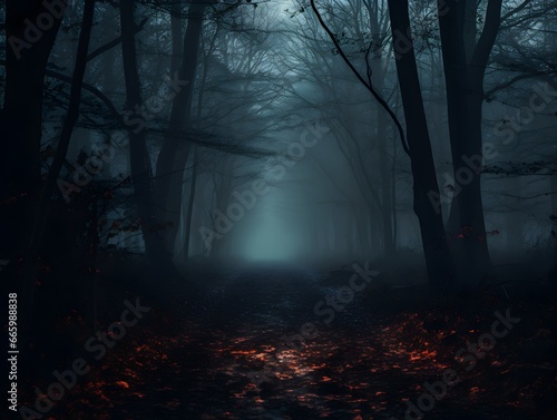 Dark forest with fog and beautiful colors, hazy forest, Horror forest background, forest surrounded by dense trees, road or path through dark forest