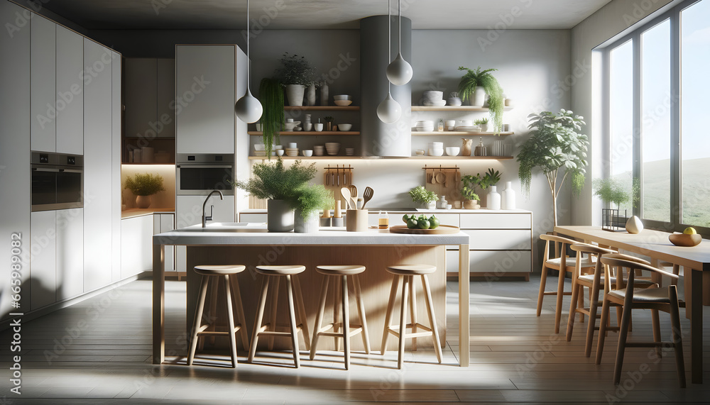 A modern Scandinavian kitchen is brought to life through photorealistic digital photography. Central to the design is a minimalist kitchen island with AI generated A modern Scandinavian kitchen is brought to life through photorealistic digital photography. Central to the design is a minimalist kitchen island with AI generated