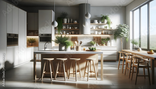 A modern Scandinavian kitchen is brought to life through photorealistic digital photography. Central to the design is a minimalist kitchen island with AI generated