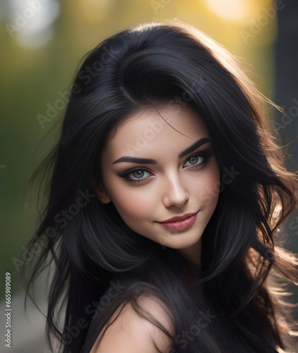 Outdoors portrait of beautiful young woman with long black hair and bright makeup