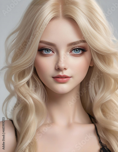 Portrait of a beautiful blonde girl with long wavy hair