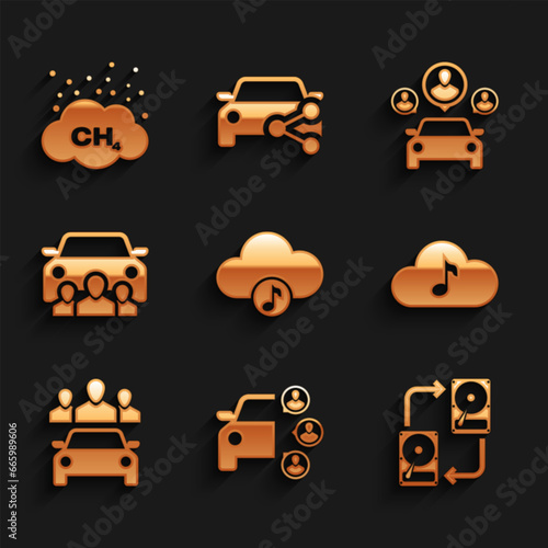Set Music streaming service, Car sharing, Data exchange with hhd, , and icon. Vector