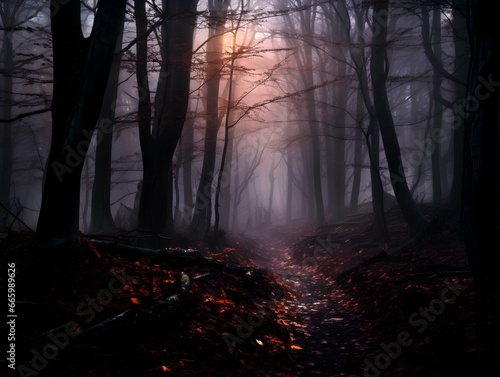 Dark forest with fog and beautiful colors, hazy forest, Horror forest background, forest surrounded by dense trees, road or path through dark forest