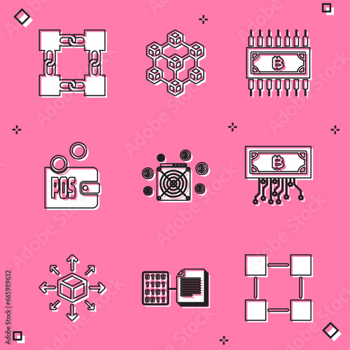 Set Blockchain technology, , Cryptocurrency bitcoin with circuit, Proof of stake, ASIC Miner and icon. Vector