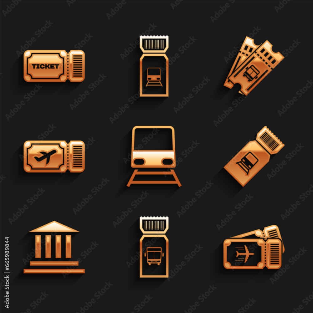 Set Train, Bus ticket, Airline, Museum building, and Ticket icon. Vector Set Train, Bus ticket, Airline, Museum building, and Ticket icon. Vector