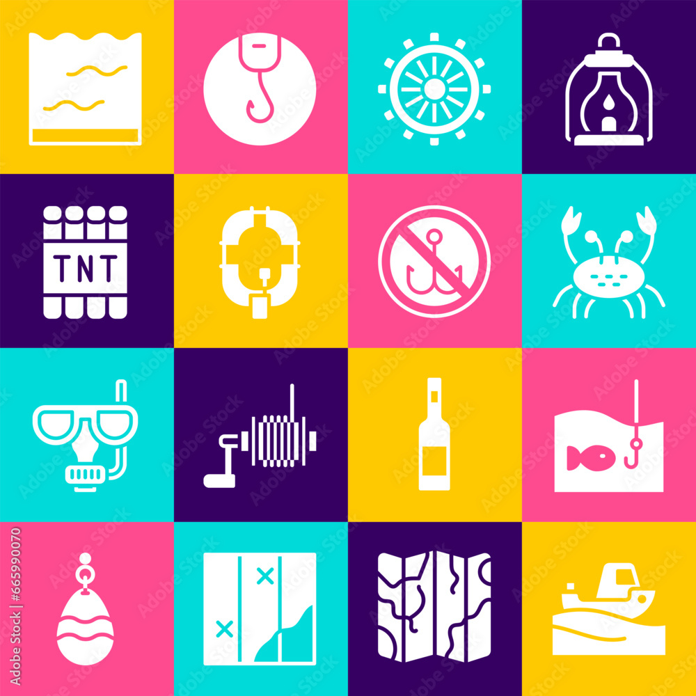 Set Fishing boat on water, hook with fish, Crab, Ship steering wheel, Inflatable, Detonate dynamite bomb stick, Aquarium and No fishing icon. Vector Set Fishing boat on water, hook with fish, Crab, Ship steering wheel, Inflatable, Detonate dynamite bomb stick, Aquarium and No fishing icon. Vector