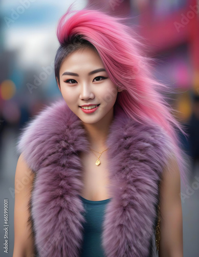 Beautiful asian woman with pink hair in the city street