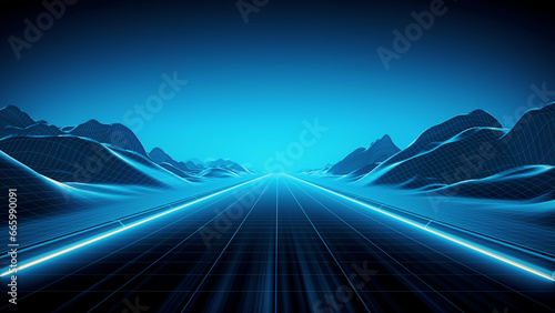 Fototapeta Naklejka Na Ścianę i Meble -  Retro Blue Road Digital Highway background