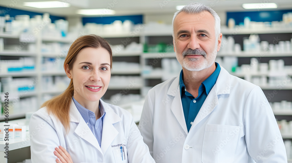portrait of middle-aged, smiling pharmacists in a pharmacy portrait of middle-aged, smiling pharmacists in a pharmacy