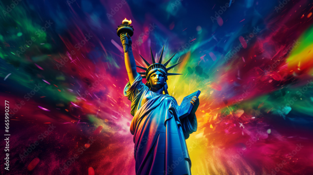 Fototapeta premium LGBTQ+ Statue of liberty with flag