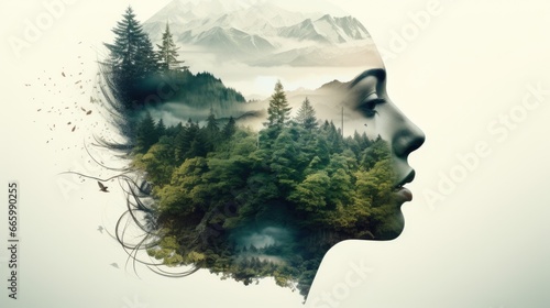 Fototapeta Naklejka Na Ścianę i Meble -  The image of a woman is mixed with the image of a forest and mountains. Abstract image of a woman. Environment. Unity with nature.