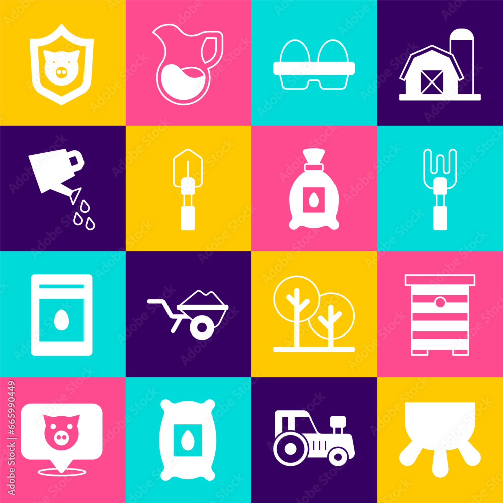 Set Udder, Hive for bees, Garden rake, Chicken egg in box, Shovel, Watering can, Shield with pig and Pack full of seeds of plant icon. Vector Set Udder, Hive for bees, Garden rake, Chicken egg in box, Shovel, Watering can, Shield with pig and Pack full of seeds of plant icon. Vector