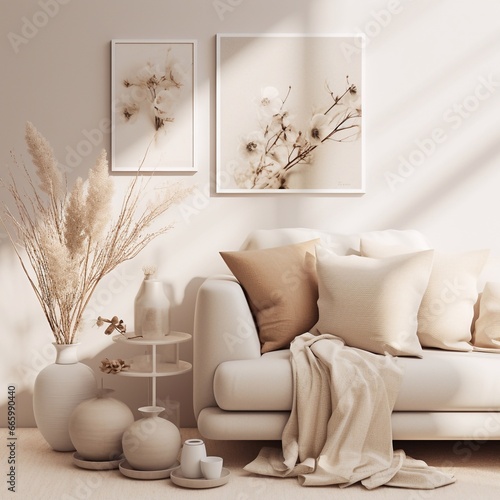 interier picture in life coaching style with cozy elements/decor in minimalist aesthetic stype and white and beige tone photo