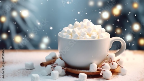 Christmas Mug with marshmallow on blurred background with bokeh effect. AI Generated.