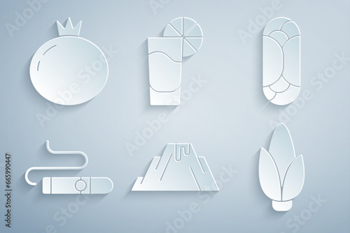 Set Volcano eruption with lava, Burrito, Cigar, Corn, Tequila glass lemon and Tomato icon. Vector
