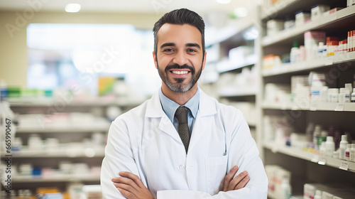 smiling pharmacist at work posing in a pharmacy