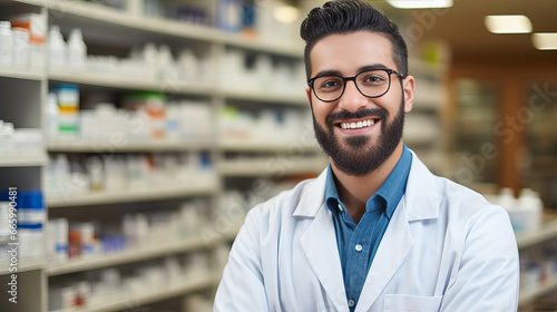 bearded pharmacist wearing glasses in pharmacy