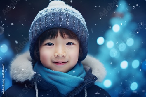 Winter holidays concept. Generative AI. Portrait of a child dressed in winter clothes, rejoicing in the first snow and winter. Asian boy at a Christmas market.
