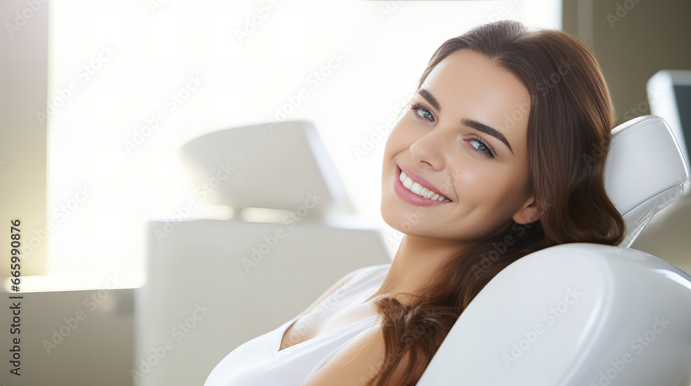 smiling woman sitting on a dentist's chair - obrazy, fototapety, plakaty 