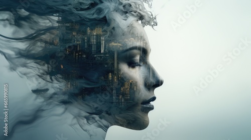 The woman's profile is combined with an image of the plant. Environmental pollution, industry. © Restyler