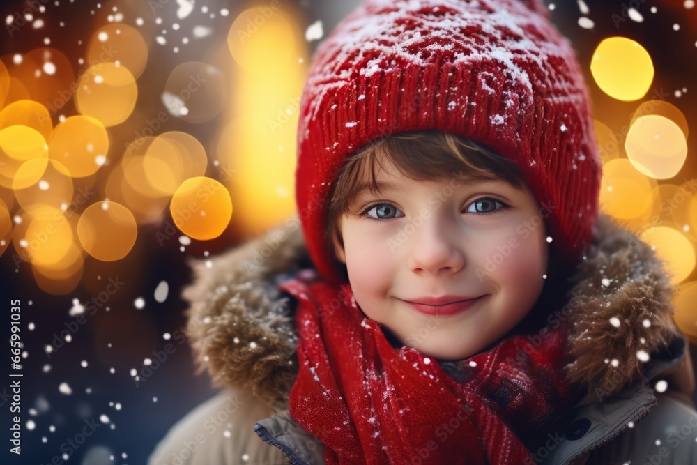 Winter holidays concept. Generative AI. Portrait of a child dressed in winter clothes, rejoicing in the first snow and winter. A European boy at a Christmas market. Winter holidays concept. Generative AI. Portrait of a child dressed in winter clothes, rejoicing in the first snow and winter. A European boy at a Christmas market.