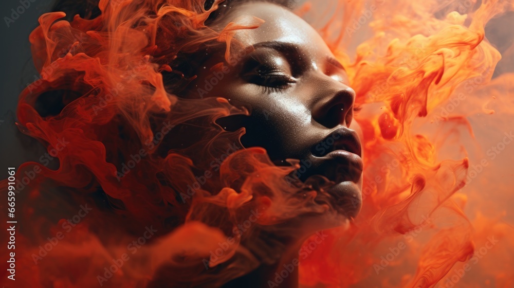 Portrait of a fictional woman. A mixture of lava and man. Double exposure. Abstract image of a woman. Passion and strength. Portrait of a fictional woman. A mixture of lava and man. Double exposure. Abstract image of a woman. Passion and strength.