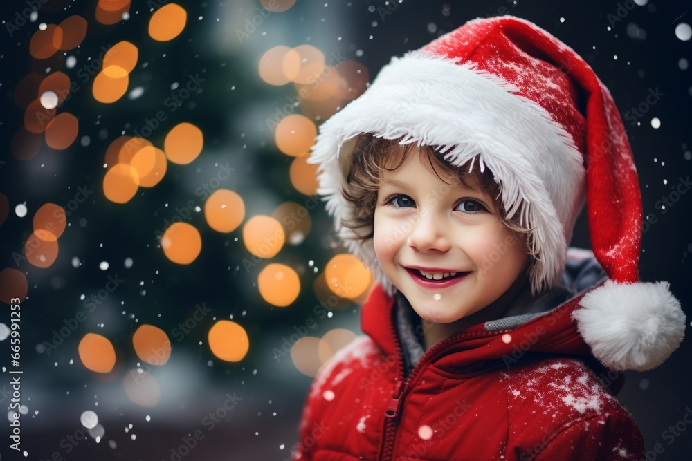 Winter holidays concept. Generative AI. Portrait of a child dressed in winter clothes, rejoicing in the first snow and winter. A European boy at a Christmas market. Kid is wearing Santa's red hat. Winter holidays concept. Generative AI. Portrait of a child dressed in winter clothes, rejoicing in the first snow and winter. A European boy at a Christmas market. Kid is wearing Santa's red hat.