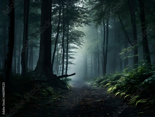 Dark forest with fog and beautiful colors, hazy forest, Horror forest background, forest surrounded by dense trees, road or path through dark forest