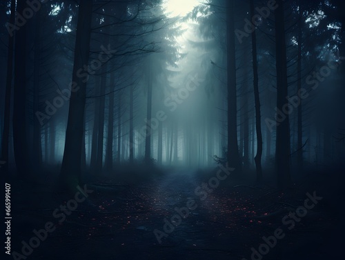 Dark forest with fog and beautiful colors  hazy forest  Horror forest background  forest surrounded by dense trees  road or path through dark forest