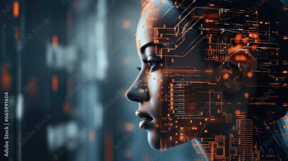 Portrait of a fictional woman. Mixing high-tech parts and people. Double exposure. Abstract image of a woman. Technologies. Portrait of a fictional woman. Mixing high-tech parts and people. Double exposure. Abstract image of a woman. Technologies.