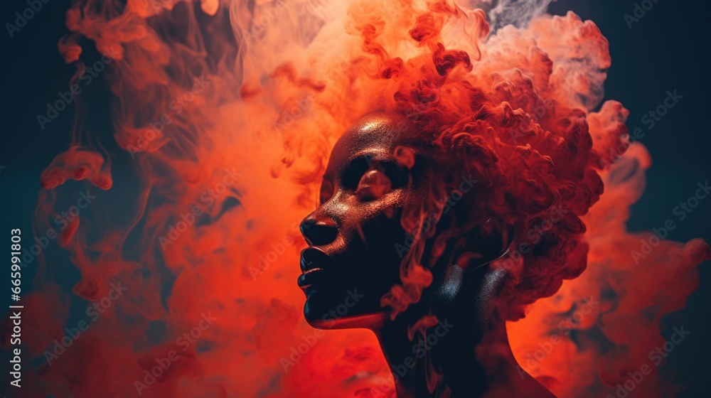 Portrait of a fictional woman. A mixture of lava and man. Double exposure. Abstract image of a woman. Passion and strength. - obrazy, fototapety, plakaty 