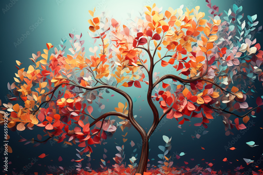 Colorful tree with leaves on hanging branches illustration background. 3d abstraction wallpaper . Floral tree with multicolor leaves 