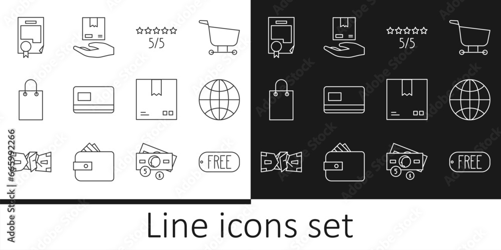 Set line Price tag with text Free, Worldwide, Consumer customer product rating, Credit card, Paper shopping bag, Certificate template, Cardboard box traffic symbol and Delivery hand boxes icon. Vector