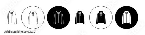 Hoodie jacket icon set in black. outerwear comfortable sweater vector sign. hoody cloth icon. casual hoodie symbol for Ui designs.
