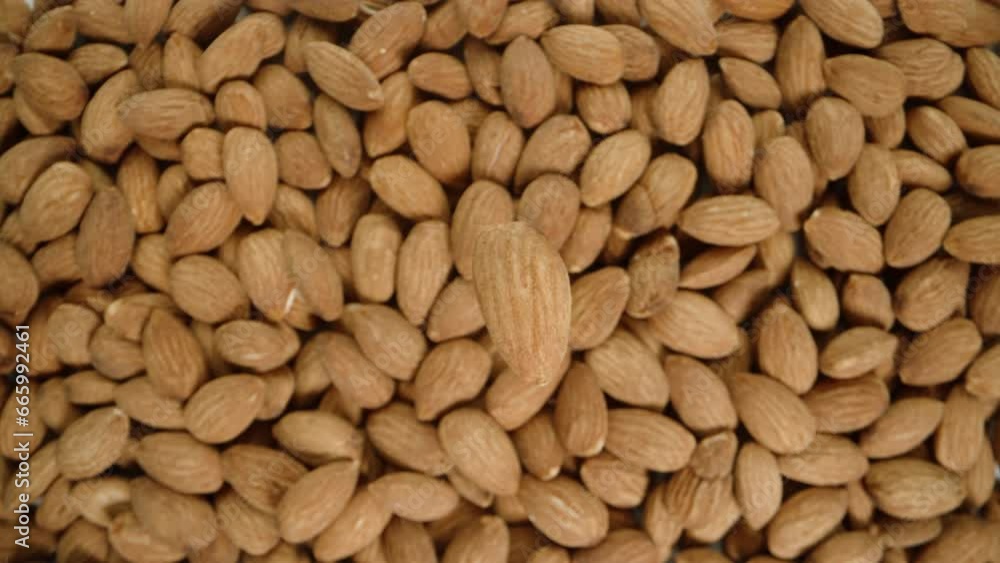 The Focus Slowly Narrows on the Rotating Almond Nut, a Top-Down View Against a Background of Nuts. The Focus Slowly Narrows on the Rotating Almond Nut, a Top-Down View Against a Background of Nuts.